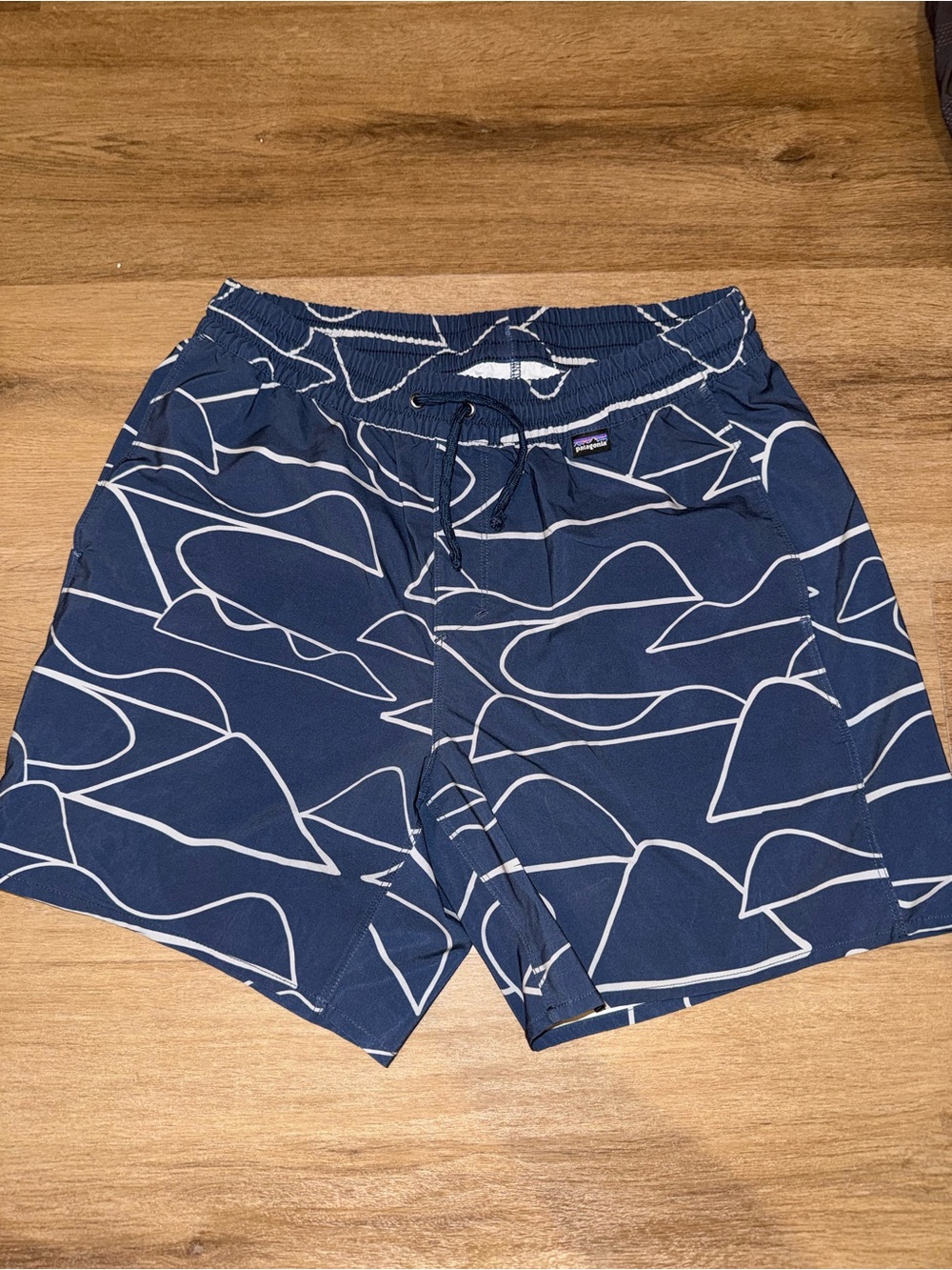 Patagonia Navy with White Abstract-Line Swim Trunks
